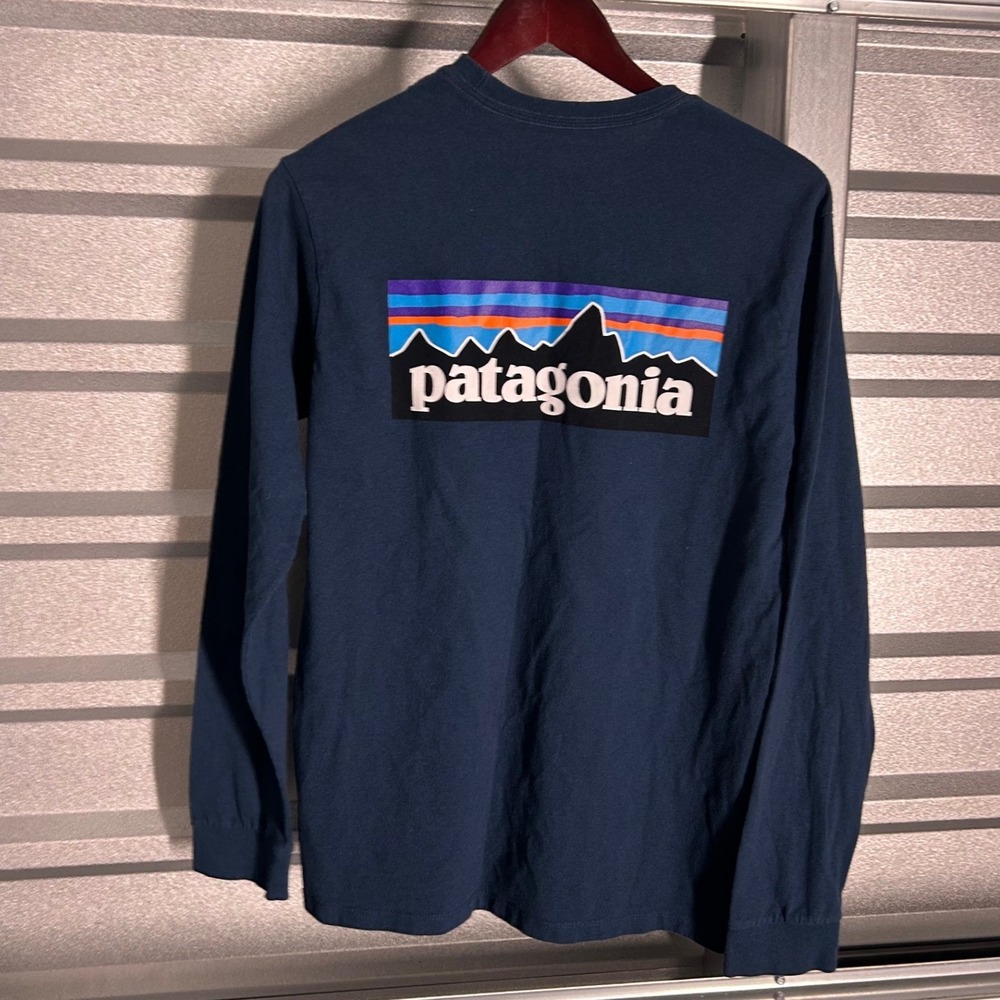 Patagonia Long Sleeve T-Shirt Mens S Blue P-6 Logo Responsibili-Tee Gorpcore